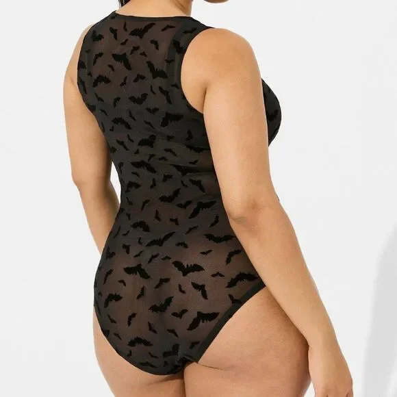 Torrid 2X Black Bat Velvet & Mesh V Neck Bodysuit - Picture 2 of 11